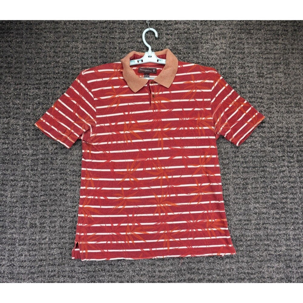 Tommy Bahama Polo Shirt Mens Large (Medium Fit) Red Striped Floral Aloha 18 Golf